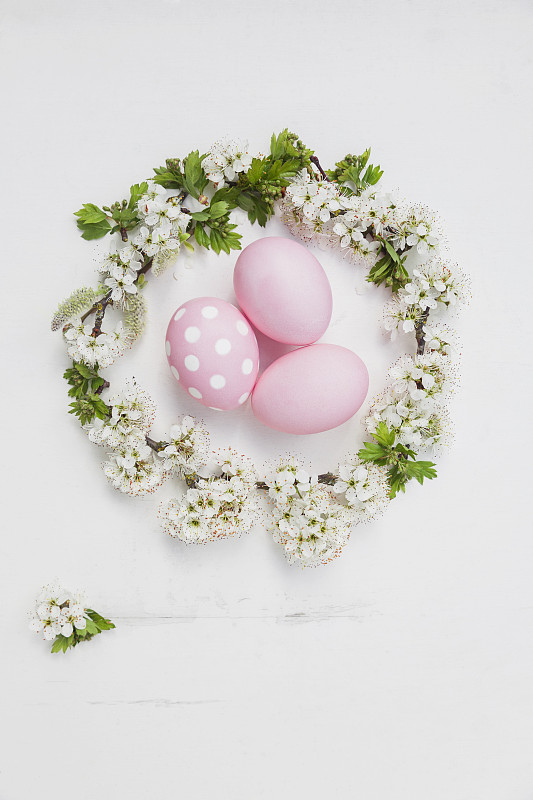 手工染色的粉色复活节彩蛋在樱花窝在木制的背景图片素材