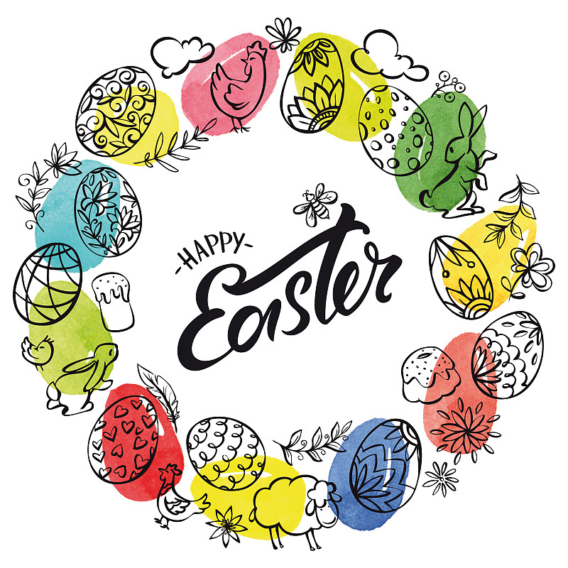 手绘复活节元素花环和水彩鸡蛋的背景图片素材