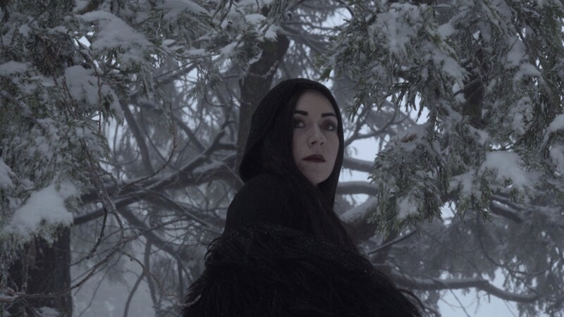 戴头巾的女人站在被雪覆盖的弯曲的树枝附近的肖像图片下载