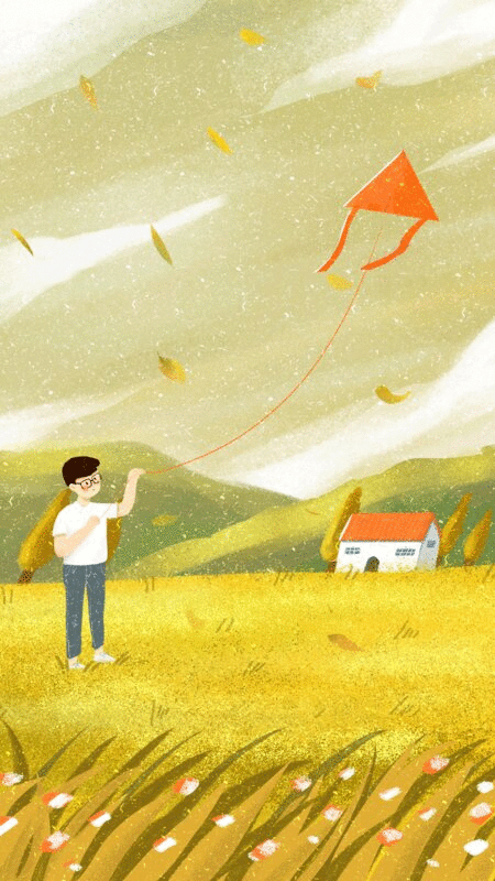 落叶的秋季男孩在空旷的草地上方风筝图片下载