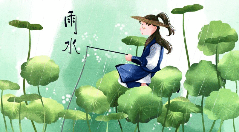 水彩风格古风娃娃与植物二十四节气雨水插画动图图片下载