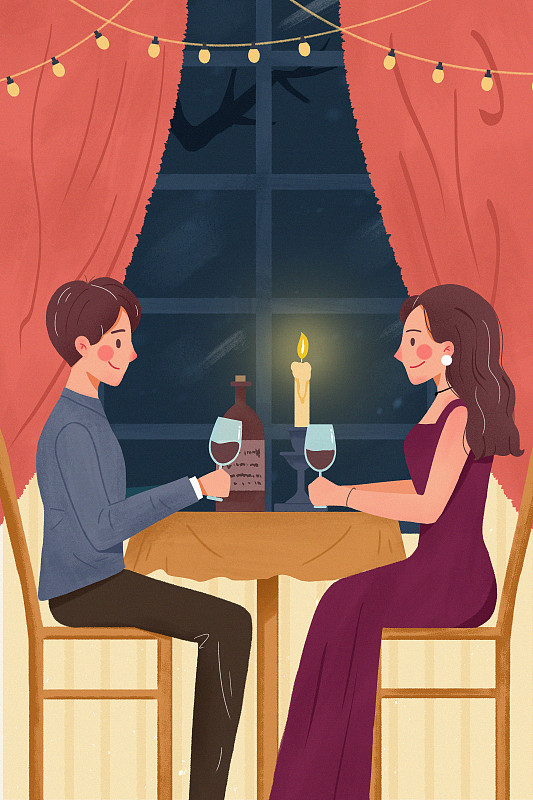 浪漫温馨情人节情侣吃烛光晚餐扁平质感商业插画下载