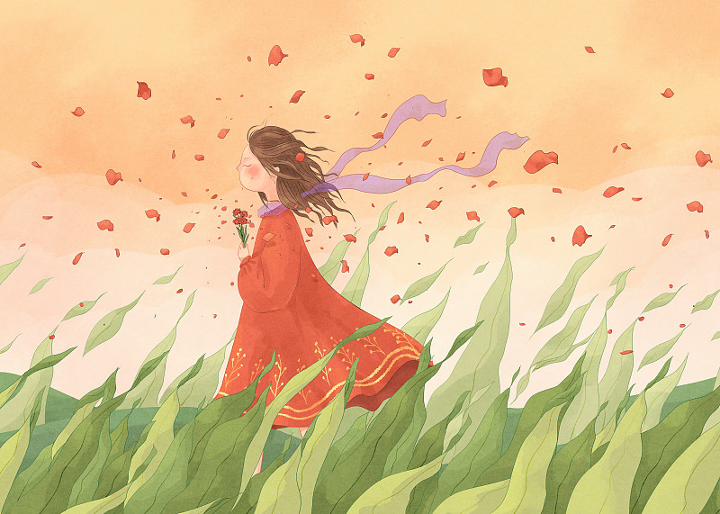 春天手拿鲜花的红裙子女孩插画横版4图片