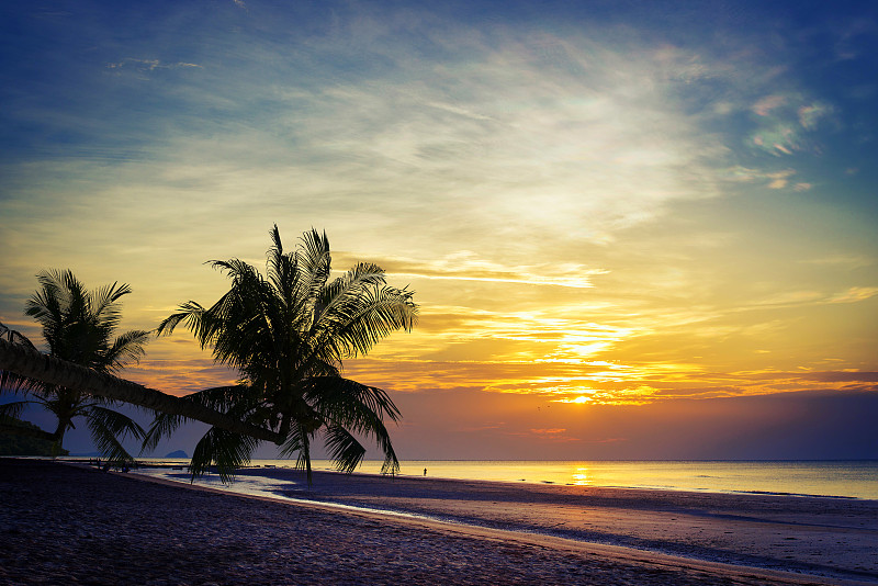 泰国的热带海滩，棕榈树和日落图片素材