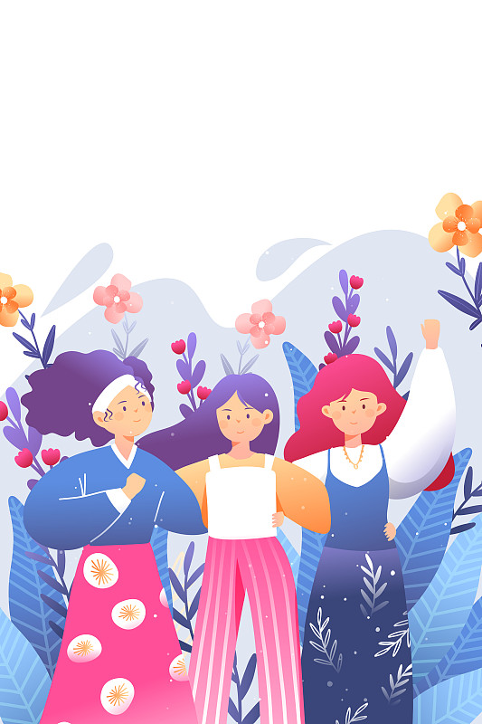 妇女节花卉女孩矢量插画图片