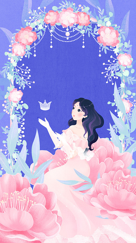 女神节妇女节坐在花丛前手托王冠的公主女神插画下载