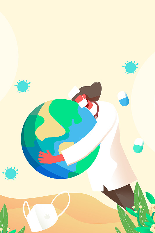 卡通手绘世界卫生日医生拥抱地球跑插画图片