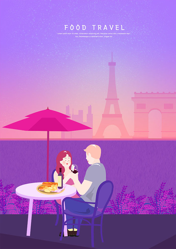 这是一对夫妇在巴黎喝葡萄酒和吃法式长棍面包的插画下载