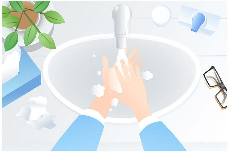 顶视图洗手保护健康清洁矢量插画图片