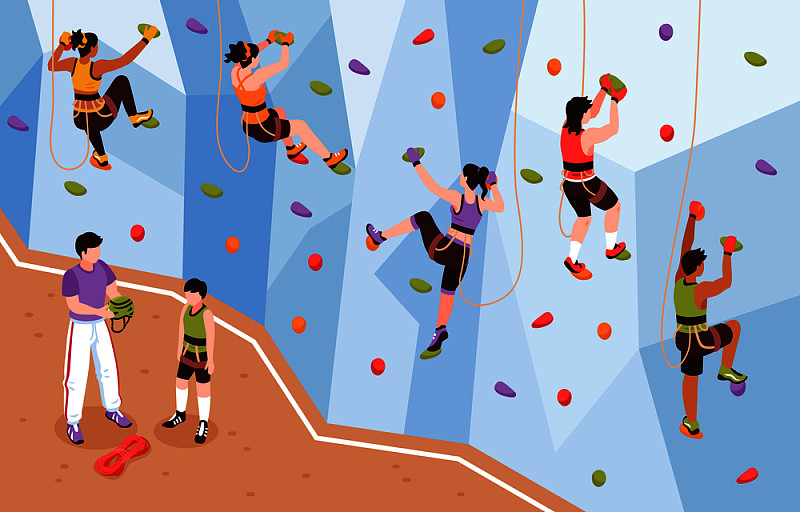 等角攀岩墙组成与教练和登山者攀登人工岩壁矢量插图的观点。等距岩壁组成图片下载