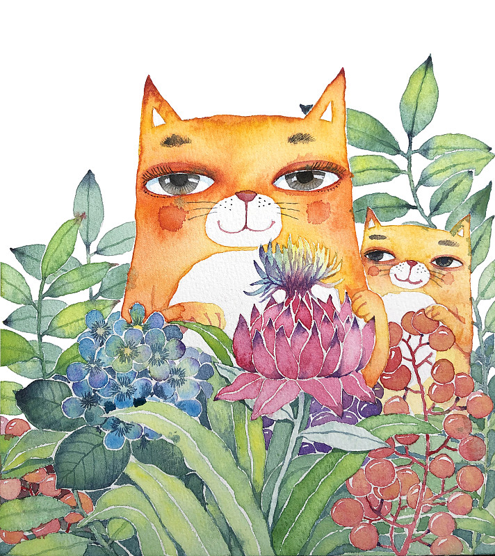 水彩插画花丛里的猫下载