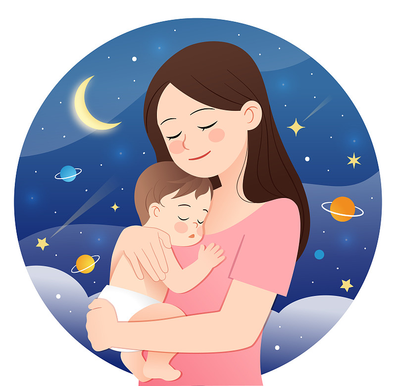 夜晚母亲抱着孩子在睡梦中图片下载
