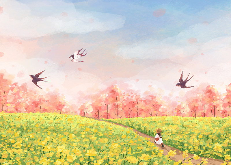 四季的色彩景观节气插画春分横版图片