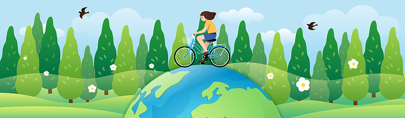 一个女生在地球上骑自行车和树林背景图片素材