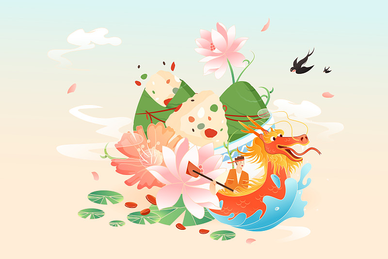 卡通端午节粽子赛龙舟传统节日习俗礼盒包装中国风背景矢量插画图片