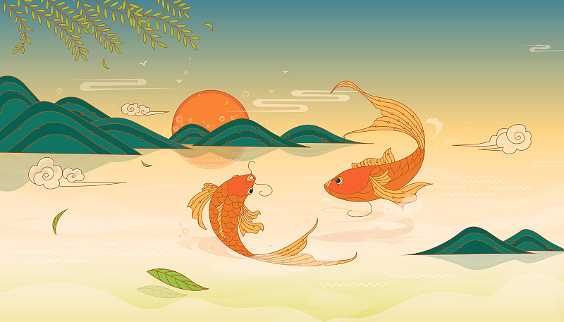 锦鲤在湖泊中跳跃中国风插画-矢量下载