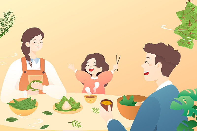 卡通端午节包粽子家人传统节日习俗中国风背景矢量插画下载