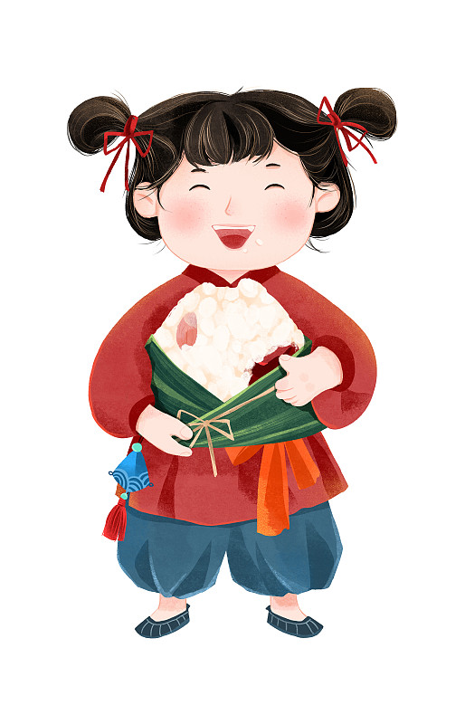 端午节抱着粽子吃的小女孩插画下载