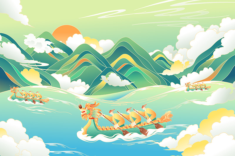 端午节赛龙舟划船中国风传统节日习俗背景矢量插画图片