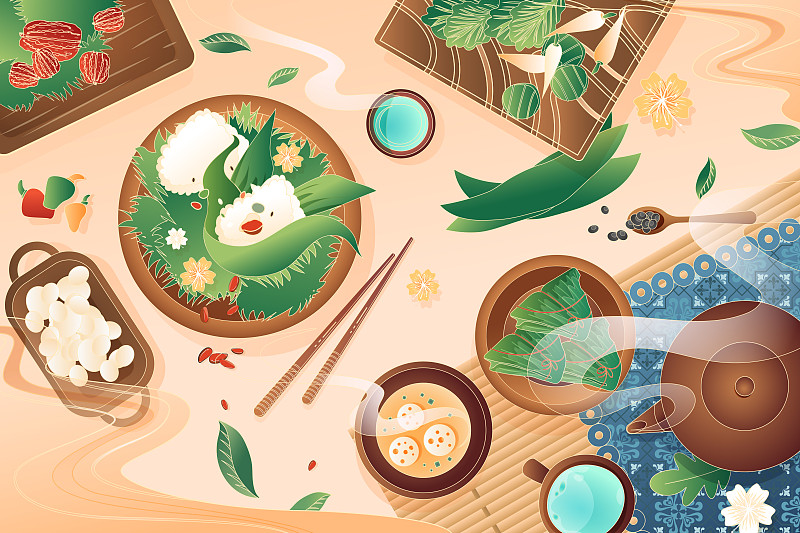 卡通端午节包粽子美食中国风传统节日渐变矢量插画图片