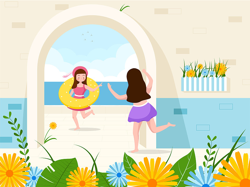 夏天海边两个小女孩准备游泳横版图片素材