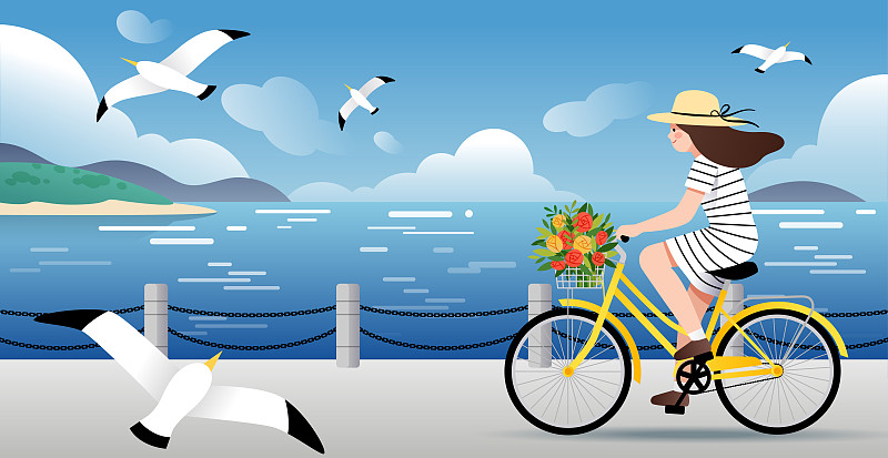 一个女孩在海边骑自行车图片下载