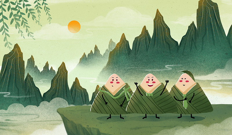 国风端午节三个可爱的粽子和诗意绿色山水图片下载