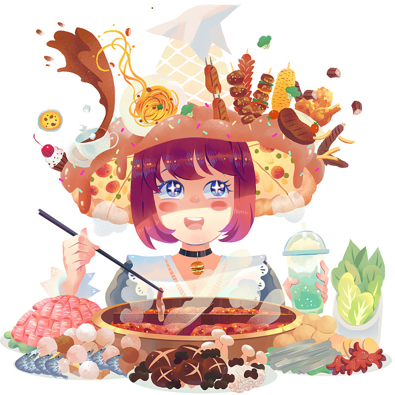 头顶各种食物吃火锅的女孩图片下载