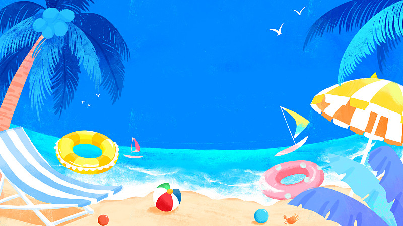 夏日海滩游泳圈沙滩椅棕榈树插画图片