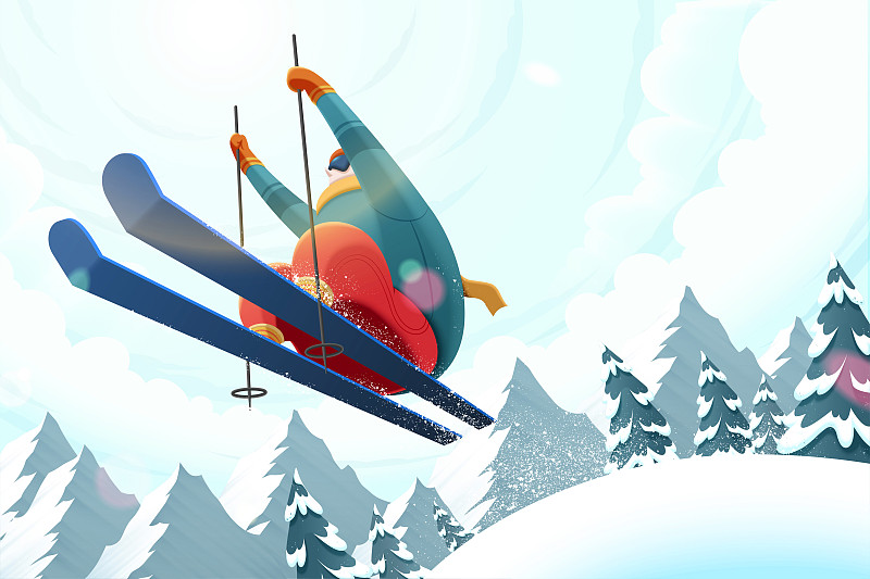 低视角滑雪跳跃插图与雪坡背景图片下载
