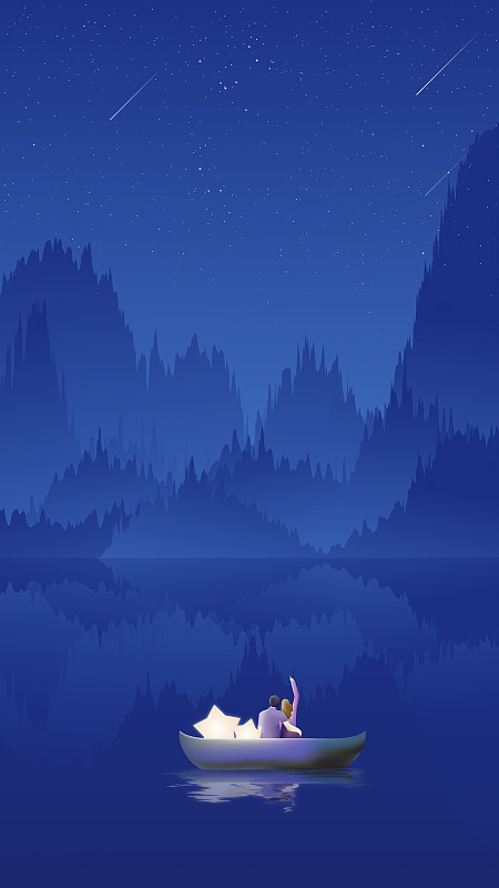 星空下的群山和湖面上坐在小船上的情侣矢量插画下载