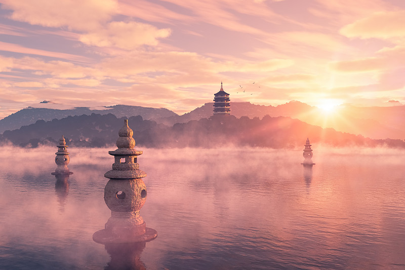 日落时分的杭州西湖三潭印月景点图片素材