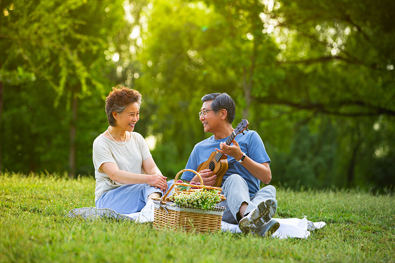 老年夫妻在户外公园野餐弹奏尤克里里琴图片素材