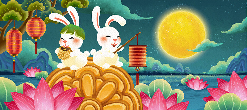 中秋节玉兔在月饼上赏月横幅图片下载