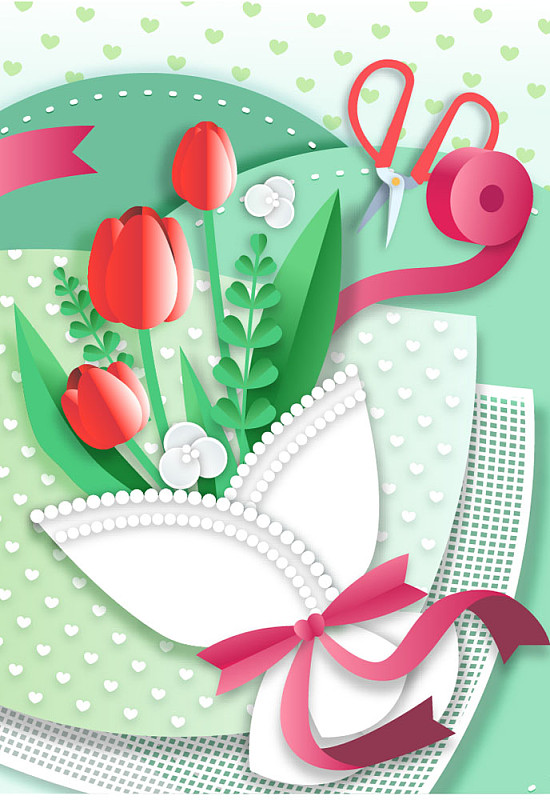 矢量插图包裹鲜花郁金香与剪刀在绿色的背景图片素材