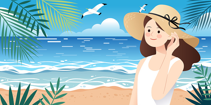 海滩上一个戴着草帽的女生横版图片素材