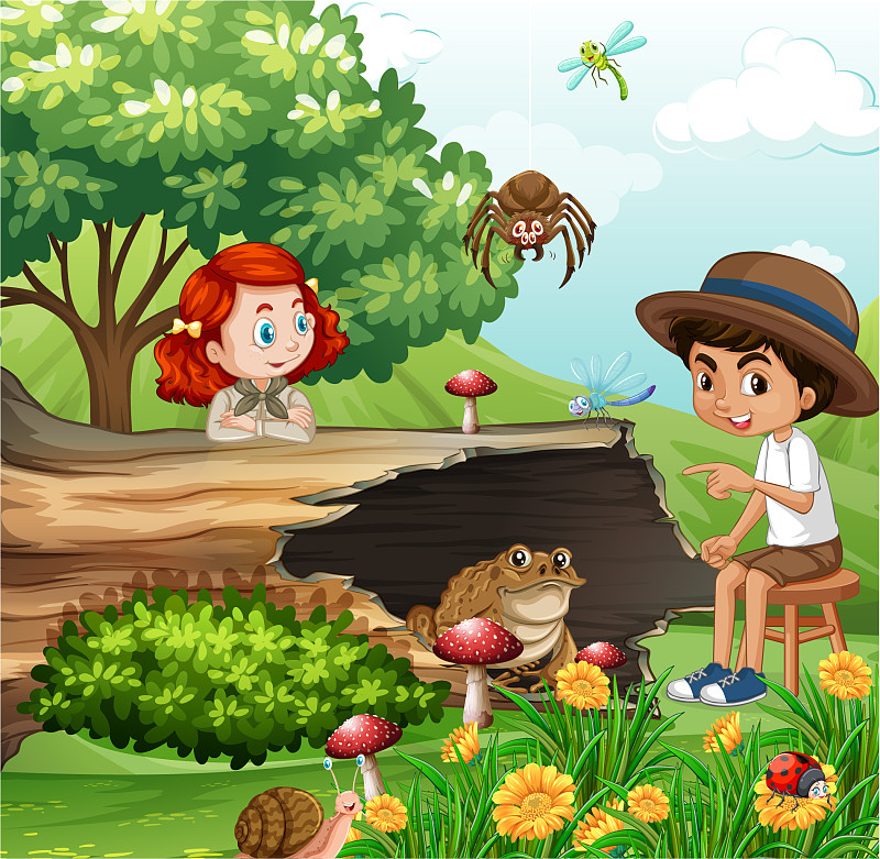 孩子和动物在花园里的场景图片下载