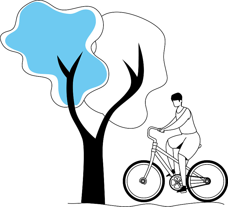 年轻人在自行车和树木植物图片素材