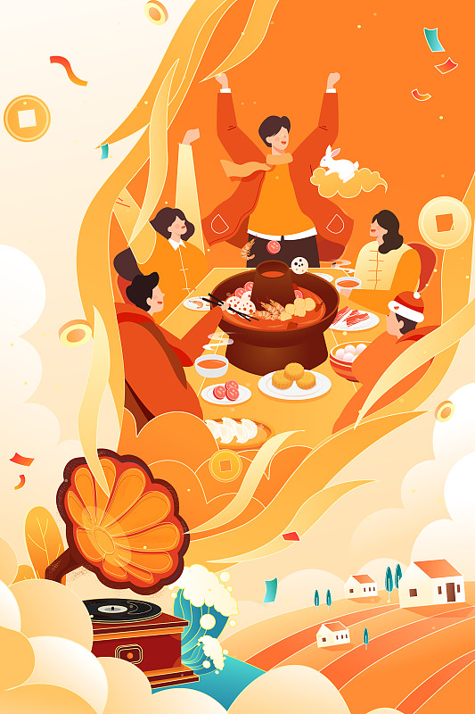 中秋节家人团圆吃饭新年传统节日活动留声机电商中国风矢量插画图片