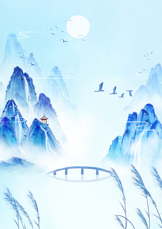 寒露节气手绘中国风意境山水画图片素材