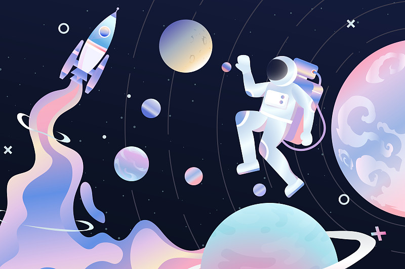 卡通未来科技宇宙外太空银河太阳系火箭发射宇航员背景矢量插画下载