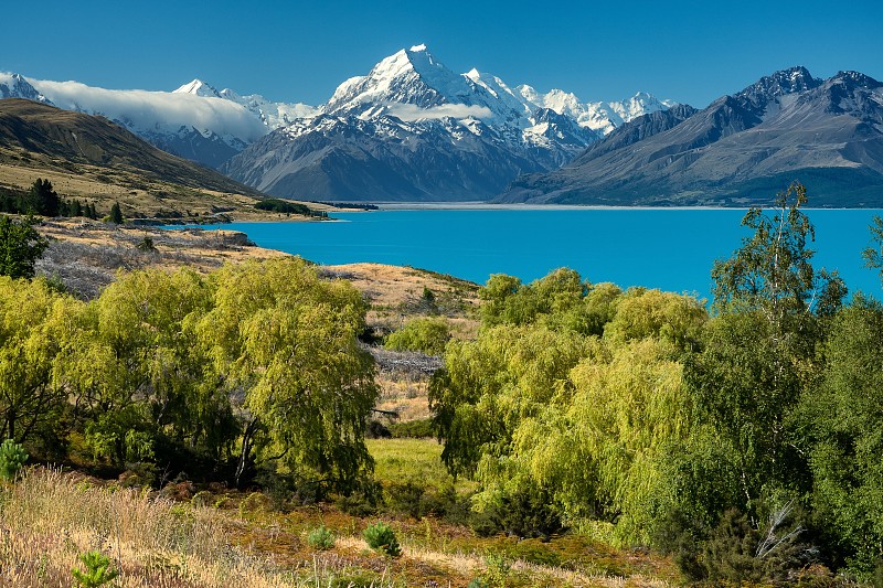 风景优美的湖和山对蓝天，宜人点，新西兰图片下载