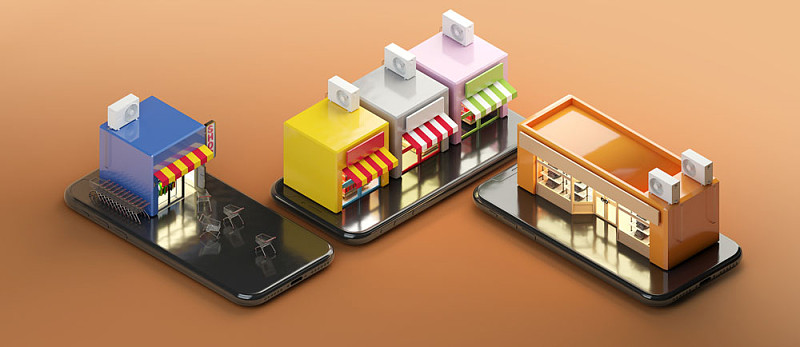三部手机和多个商店的3D插图放在上面图片素材