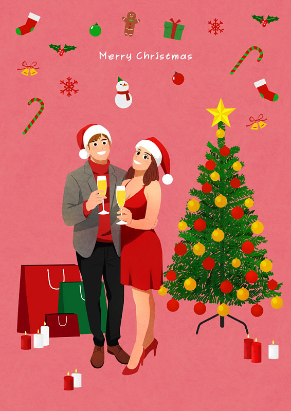 一对夫妇在圣诞节举行派对，喝香槟图片素材
