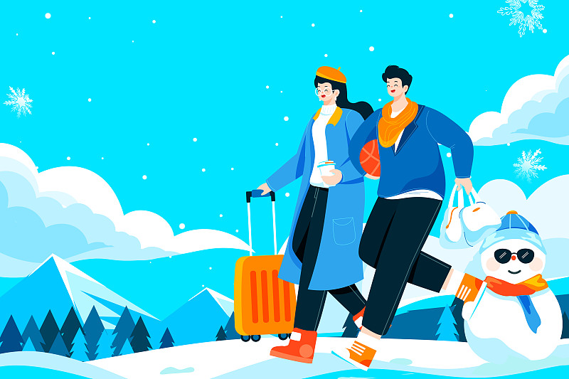 卡通冬季电商促销冬日大促购物节旅游出行滑雪情侣出游矢量插画下载