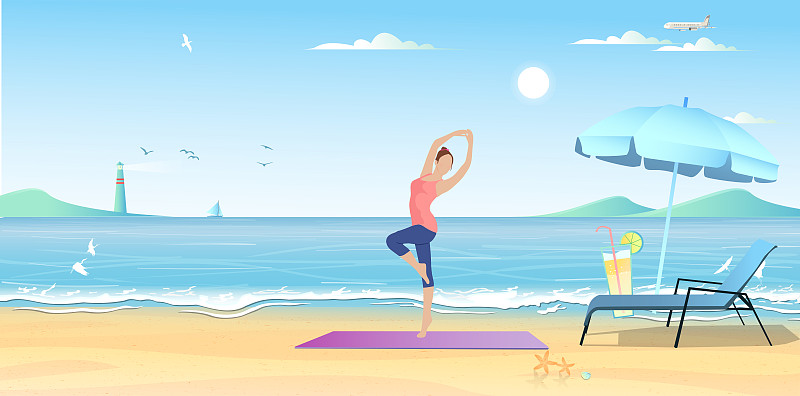 年轻少女在海岛沙滩上练瑜珈锻炼身体插画图片