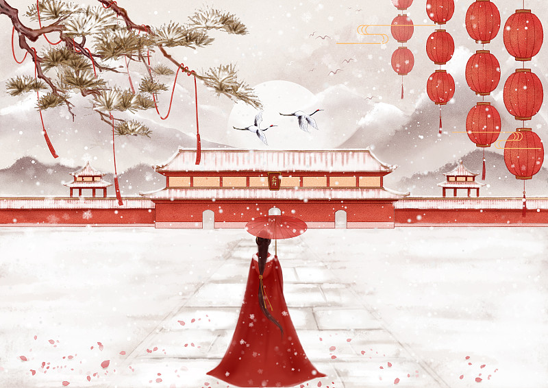 手绘中国风宫墙雪景打伞远眺的红衣女子图片素材