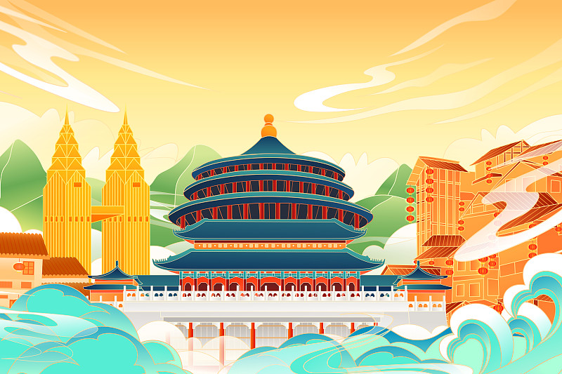 卡通中国四川重庆城市建筑风景旅游地标人民大会堂双子塔矢量插画图片