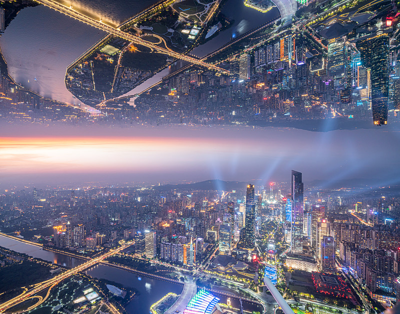 镜像复制重叠的科幻未来概念抽象想象的倒影空间广州城市图片下载
