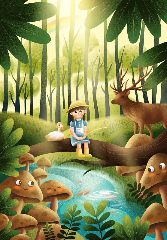 在森林里钓鱼的小女孩图片下载